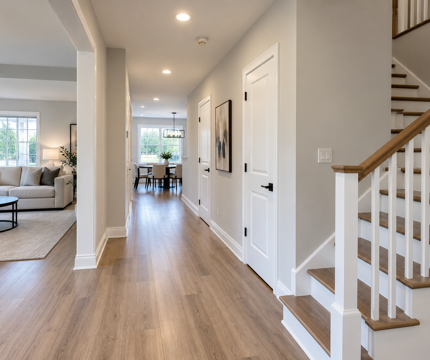 Freshly painted interior hallway, trim and stairs